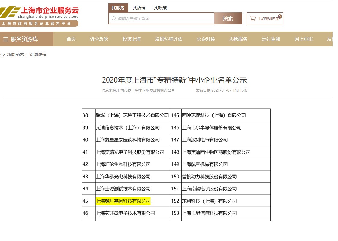 中科普瑞科研服务子公司—鲸舟基因入围上海市“专精特新”中小企业名单